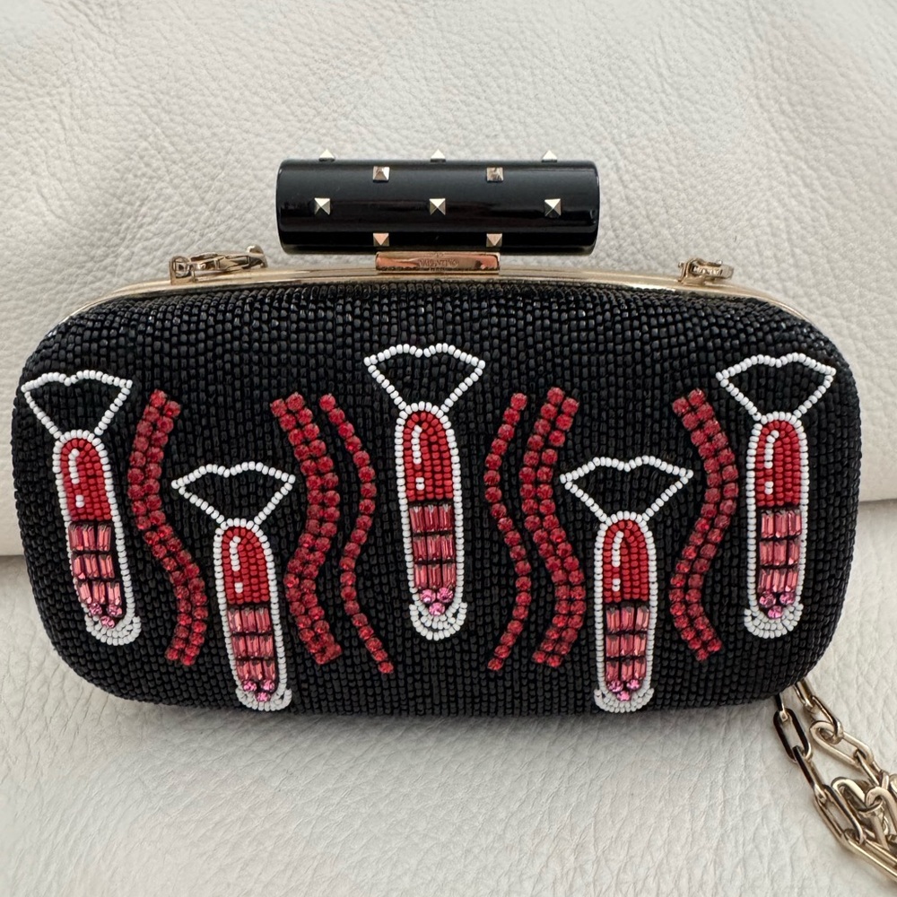 New $4000 Valentino Garavani Black and Red Clutch with Beaded Embellishments